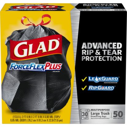 Picture of Glad ForceFlexPlus Drawstring Trash Bags, 30 Gallons, Black, 50 Per Box, Carton Of 3 Boxes