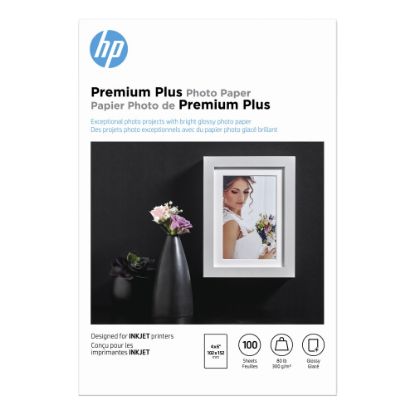 Picture of HP Premium Plus Photo Paper for Inkjet Printers, Glossy, 4in x 6in, 80 Lb., Pack Of 100 Sheets (CR668A)