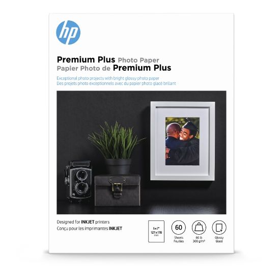 Picture of HP Premium Plus Photo Paper for Inkjet Printers, Glossy, 5in x 7in, 80 Lb., Pack Of 60 Sheets (CR669A)