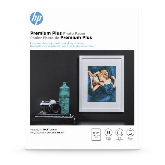 Picture of HP Premium Plus Photo Paper for Inkjet Printers, Glossy, Letter Size (8 1/2in x 11in), 80 Lb., Pack Of 25 Sheets (CR670A)