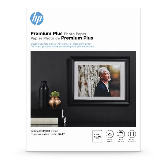 Picture of HP Premium Plus Photo Paper for Inkjet Printers, Soft Gloss, Letter Size (8 1/2in x 11in), 80 Lb., Pack Of 25 Sheets (CR671A)