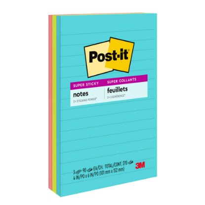 Picture of Post-it Super Sticky Notes, 4 in x 6 in, 3 Pads, 90 Sheets/Pad, 2x the Sticking Power, Supernova Neons Collection, Lined