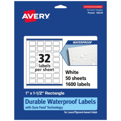 Picture of Avery Waterproof Permanent Labels With Sure Feed, 94219-WMF50, Rectangle, 1in x 1-1/2in, White, Pack Of 1,600