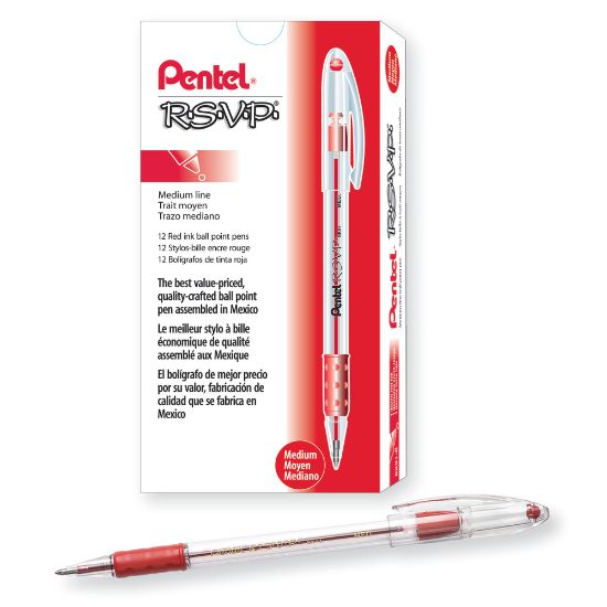 Picture of Pentel R.S.V.P. Ballpoint Pens, Medium Point, 1.0 mm, Clear Barrel, Red Ink, Pack Of 12