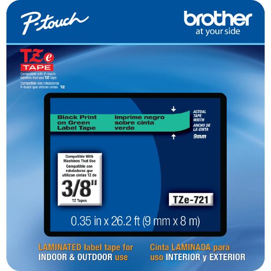 Picture of Brother TZE721CS Genuine P-Touch Laminated Label Tape, 3/8in x 26-1/4ft, Black/Green