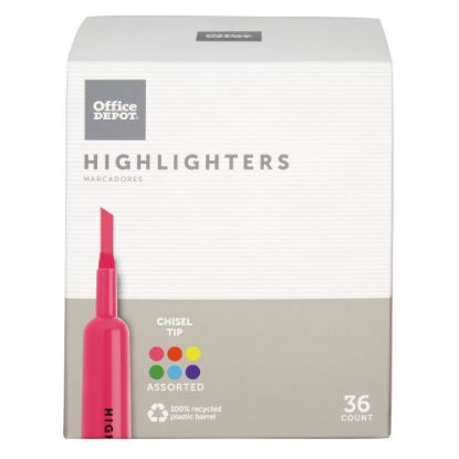 Picture of Office Depot Brand Chisel-Tip Highlighter, 100% Recycled Plastic Barrel, Assorted Fluorescent Colors, Pack Of 36