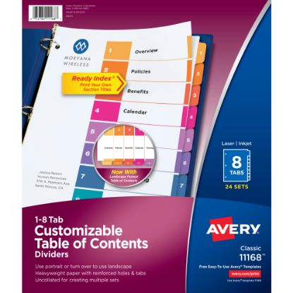 Picture of Avery Ready Index 1-8 Tab Binder Dividers With Customizable Table Of Contents, 8-1/2in x 11in, 8 Tab, White/Multicolor, Box Of 24 Sets