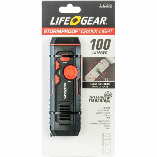 Picture of Life+Gear 120-Lumen Rechargeable Stormproof USB Crank Flashlight And Radio, 6-1/4in x 2in, Black/Red