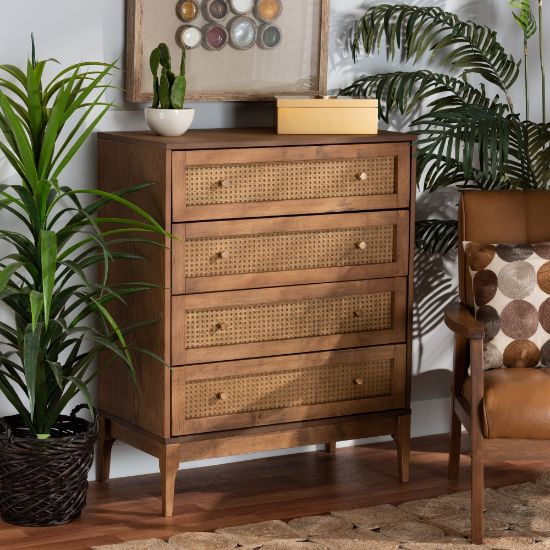 Picture of Baxton Studio Ramiel Finished Wood And Rattan 4-Drawer Chest, 37-3/4inH x 30-1/8inW x 15-3/4inD, Natural Brown/Gold