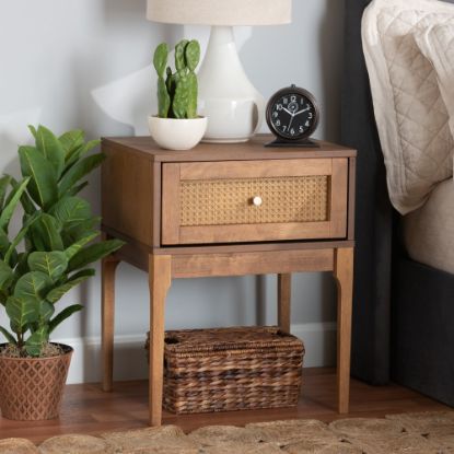 Picture of Baxton Studio Ramiel Finished Wood And Rattan 1-Drawer Nightstand, 23-1/2inH x 18-3/4inW x 15-3/4inD, Natural Brown/Gold