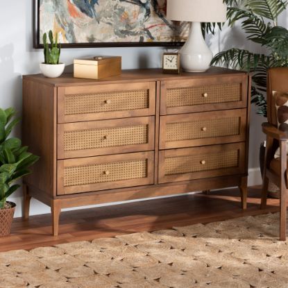 Picture of Baxton Studio Ramiel Finished Wood And Rattan 6-Drawer Dresser, 30-7/16inH x 47-1/4inW x 15-3/4inD, Natural Brown/Gold