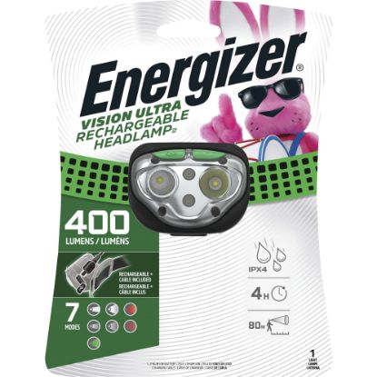 Picture of Energizer Vision Ultra HD Rechargeable Headlamp (Includes USB Charging Cable) - LED - 400 lm Lumen - Battery Rechargeable - Battery, USB - Water Resistant, Drop Resistant - Green - 1 Each