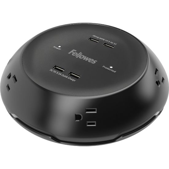 Picture of Fellowes Collaborative Power Pod - Black - Right-angled Connector - 5 x AC Power, 4 x USB - 8 ft Cord - 900 J Surge Energy - Black