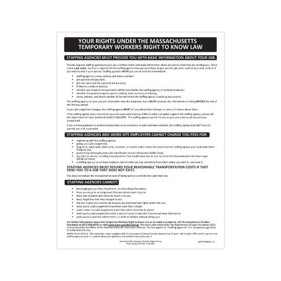 Picture of ComplyRight State Specialty Poster, Temporary Workers Right To Know Law, English, Massachusetts, 8-1/2in x 11in