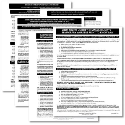 Picture of ComplyRight State Specialty Posters,Temporary Workers Right To Know Law, Multilingual, Massachusetts, 8 1/2in x 11in, Pack Of 5