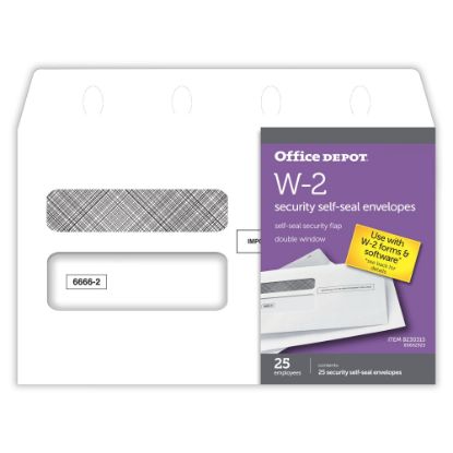 Picture of Office Depot Brand Double-Window Self-Seal Envelopes For W-2 Tax Forms, 9-1/4inW x 5-5/8inH, White, Pack Of 25 Envelopes