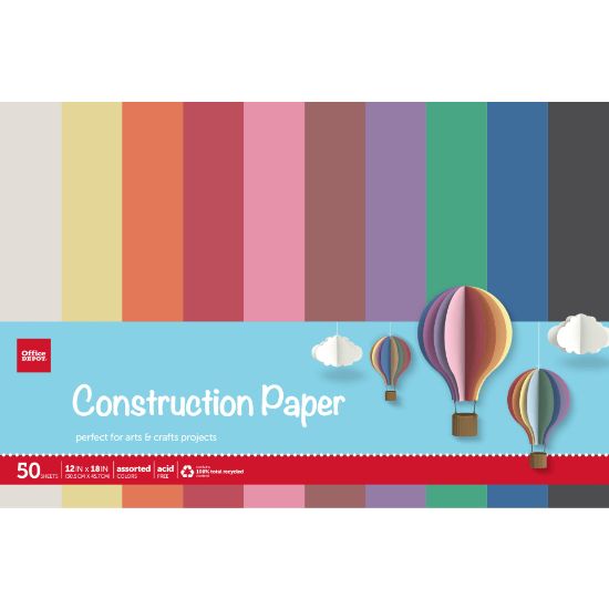 Picture of Office Depot Brand Construction Paper, 12in x 18in, 100% Recycled, Assorted Colors, Pack Of 50 Sheets