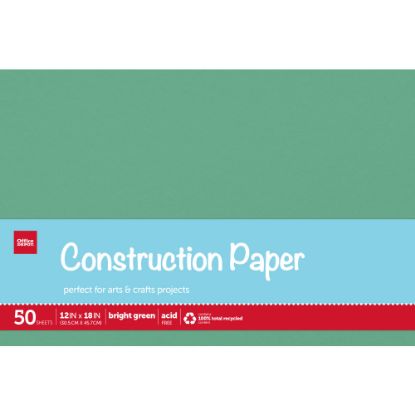 Picture of Office Depot Brand Construction Paper, 12in x 18in, 100% Recycled, Bright Green, Pack Of 50 Sheets