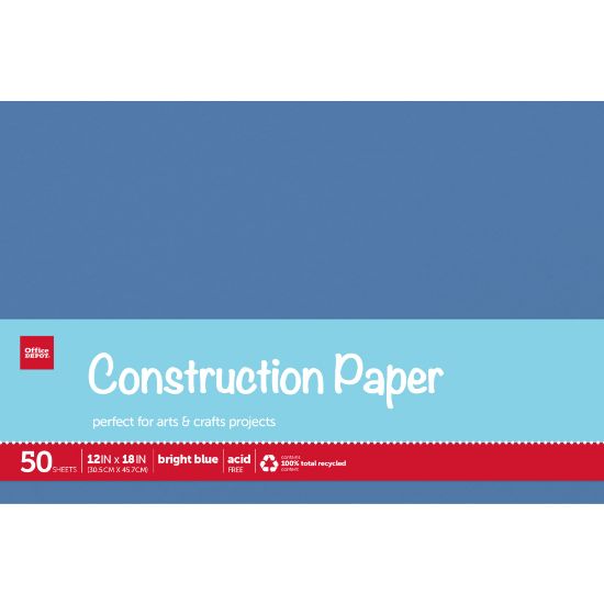 Picture of Office Depot Brand Construction Paper, 12in x 18in, 100% Recycled, Bright Blue, Pack Of 50 Sheets