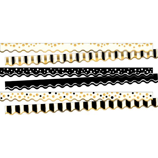 Picture of Barker Creek Double-Sided Scalloped Borders, 2-1/4in x 36in, Black & Gold, 13 Strips Per Pack, Set Of 3 Packs