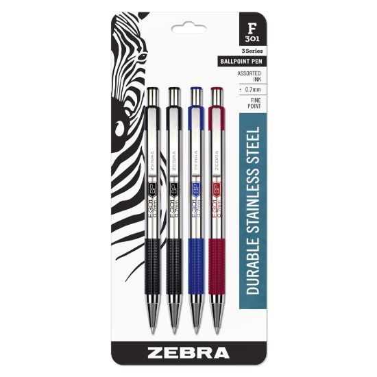 Picture of Zebra Pen F-301 Stainless Steel Retractable Ballpoint Pens, Pack Of 4, Fine Point, 0.7 mm, Silver Barrel, Assorted Ink Colors