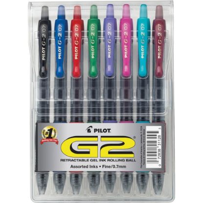 Picture of Pilot G2 Retractable Gel Pens, Fine Point, 0.7 mm, Clear Barrels, Assorted Ink, Pack Of 8 Pens