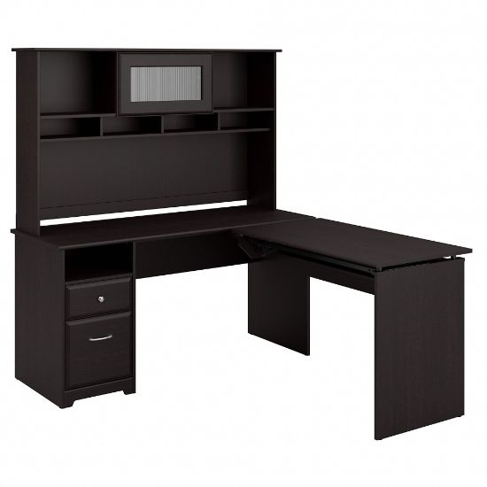 Picture of Bush Furniture Cabot 3 Position L Shaped Sit to Stand Desk with Hutch, 60inW, Espresso Oak, Standard Delivery