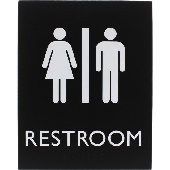 Picture of Lorell Unisex Restroom Sign - 1 Each - Toilette Men, TOILETTE (ladies) Print/Message - 6.4in Width x 8.5in Height - Rectangular Shape - Surface-mountable - Easy Readability, Braille - Restroom, Information - Plastic - Black