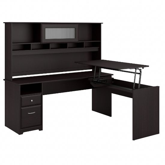 Picture of Bush Furniture Cabot 3 Position L Shaped Sit to Stand Desk with Hutch, 72inW, Espresso Oak, Standard Delivery