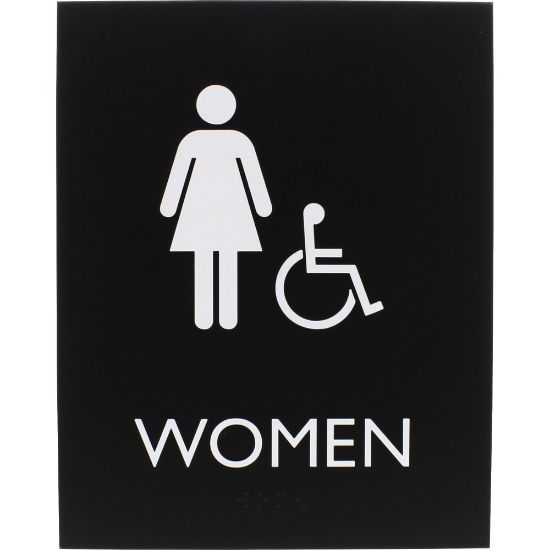 Picture of Lorell Womens Handicap Restroom Sign - 1 Each - Women Print/Message - 6.4in Width x 8.5in Height - Rectangular Shape - Surface-mountable - Easy Readability, Braille - Plastic - Black