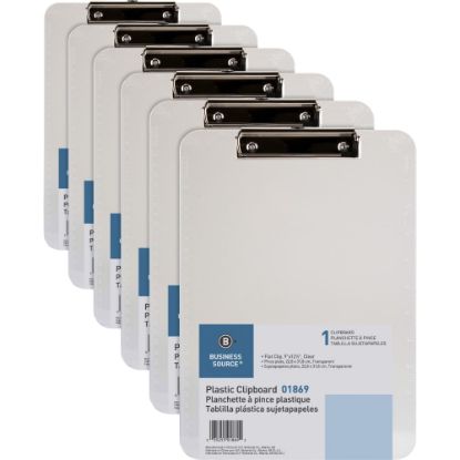 Picture of Business Source Flat Clip Plastic Clipboard - 9in x 12in - Plastic - Clear - 6 / Bundle