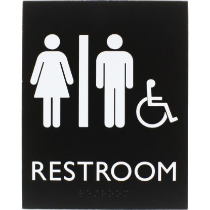 Picture of Lorell Unisex Handicap Restroom Sign - 1 Each - Restroom (Man/Woman/Wheelchair) Print/Message - 6.4in Width x 8.5in Height - Rectangular Shape - Surface-mountable - Easy Readability, Braille - Restroom - Plastic - Black