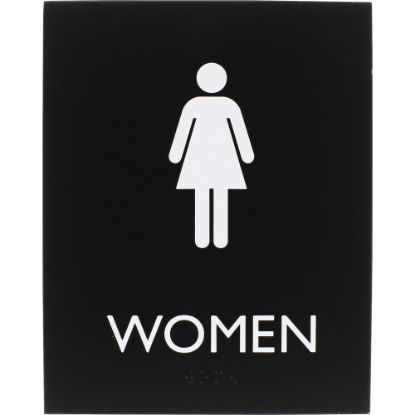 Picture of Lorell Womens Restroom Sign - 1 Each - Women Print/Message - 6.4in Width x 8.5in Height - Rectangular Shape - Surface-mountable - Easy Readability, Braille - Plastic - Black