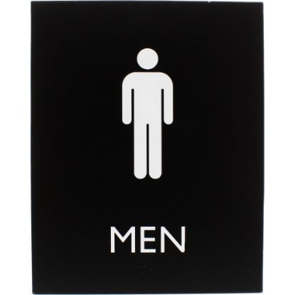 Picture of Lorell Mens Restroom Sign - 1 Each - Men Print/Message - 6.4in Width x 8.5in Height - Rectangular Shape - Surface-mountable - Easy Readability, Braille - Plastic - Black