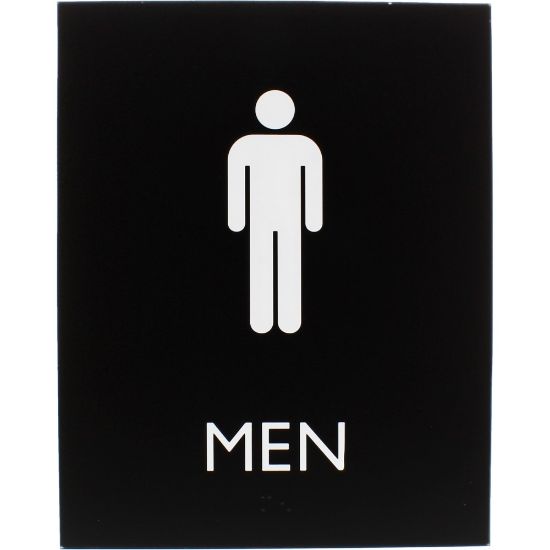 Picture of Lorell Mens Restroom Sign - 1 Each - Men Print/Message - 6.4in Width x 8.5in Height - Rectangular Shape - Surface-mountable - Easy Readability, Braille - Plastic - Black