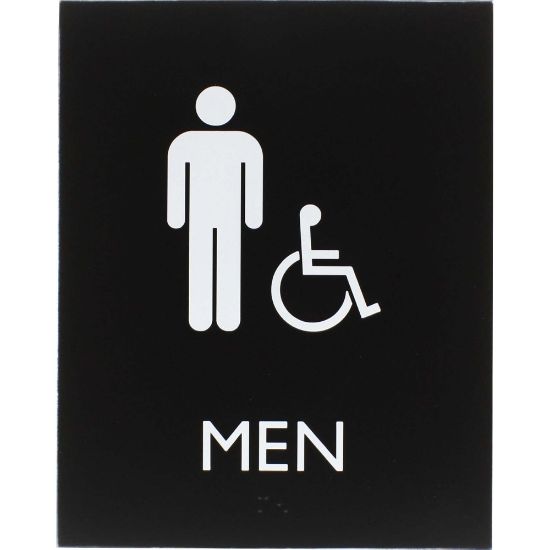 Picture of Lorell Mens Handicap Restroom Sign - 1 Each - Men Print/Message - 6.4in Width x 8.5in Height - Rectangular Shape - Surface-mountable - Easy Readability, Braille - Plastic - Black