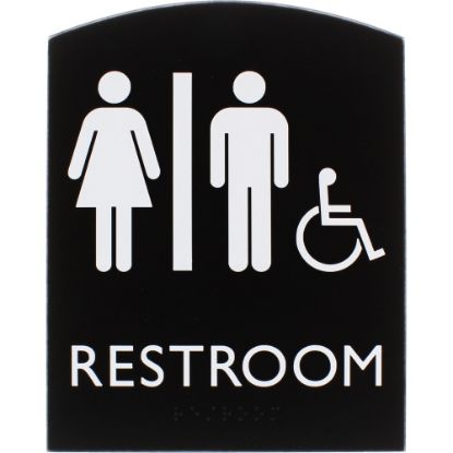 Picture of Lorell Arched Unisex Handicap Restroom Sign - 1 Each - 6.8in Width x 8.5in Height - Rectangular Shape - Surface-mountable - Easy Readability, Braille - Plastic - Black