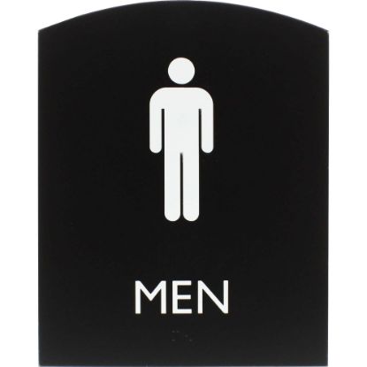 Picture of Lorell Arched Mens Restroom Sign - 1 Each - Men Print/Message - 6.8in Width x 8.5in Height - Rectangular Shape - Surface-mountable - Easy Readability, Braille - Plastic - Black