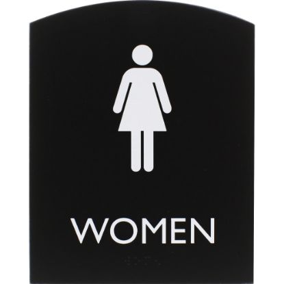 Picture of Lorell Arched Womens Restroom Sign - 1 Each - Women Print/Message - 6.8in Width x 8.5in Height - Rectangular Shape - Surface-mountable - Easy Readability, Braille - Plastic - Black