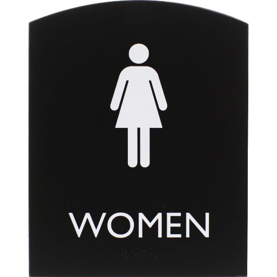 Picture of Lorell Arched Womens Restroom Sign - 1 Each - Women Print/Message - 6.8in Width x 8.5in Height - Rectangular Shape - Surface-mountable - Easy Readability, Braille - Plastic - Black