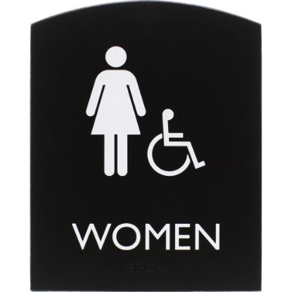 Picture of Lorell Arched Womens Handicap Restroom Sign - 1 Each - Women Print/Message - 6.8in Width x 8.5in Height - Rectangular Shape - Surface-mountable - Easy Readability, Braille - Plastic - Black