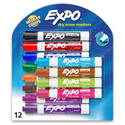 Picture of EXPO Low-Odor Dry-Erase Markers, Chisel Point, Assorted Colors, Pack Of 12, Carded Packaging