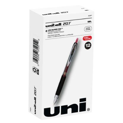 Picture of uni-ball 207 Retractable Fraud Prevention Gel Pens, Micro Point, 0.5 mm, Black Barrels, Red Ink, Pack Of 12