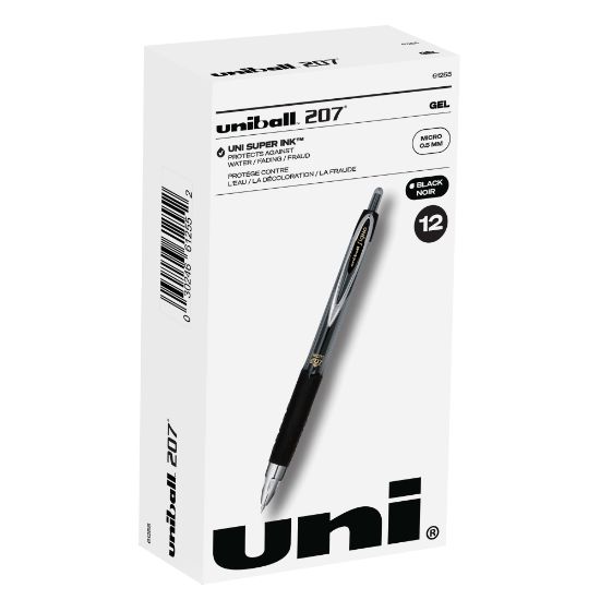 Picture of uni-ball 207 Retractable Fraud Prevention Gel Pens, Micro Point, 0.5 mm, Black Barrels, Black Ink, Pack Of 12