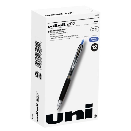 Picture of uni-ball 207 Retractable Fraud Prevention Gel Pens, Micro Point, 0.5 mm, Black Barrels, Blue Ink, Pack Of 12