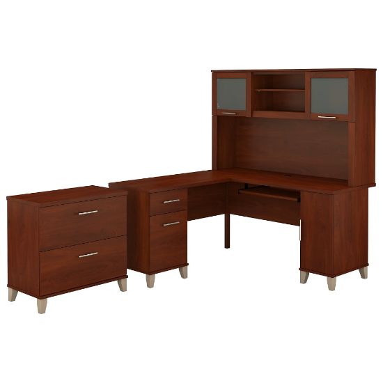 Picture of Bush Furniture Somerset L Shaped Desk With Hutch And Lateral File Cabinet, 60inW, Hansen Cherry, Standard Delivery