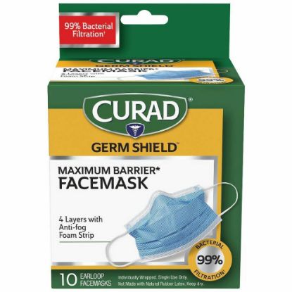 Picture of Curad Medical-grade FaceMasks - Recommended for: Healthcare - Fog, Fluid, Bacteria, Pollen, Dust Protection - White - Comfortable, Breathable, Adjustable Nose Guard, Fluid Resistant, Earloop Style Mask - 10 / Box