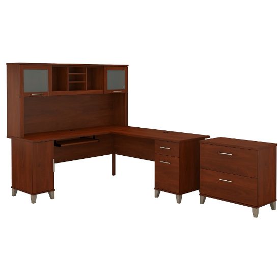 Picture of Bush Furniture Somerset L Shaped Desk With Hutch And Lateral File Cabinet, 72inW, Hansen Cherry, Standard Delivery