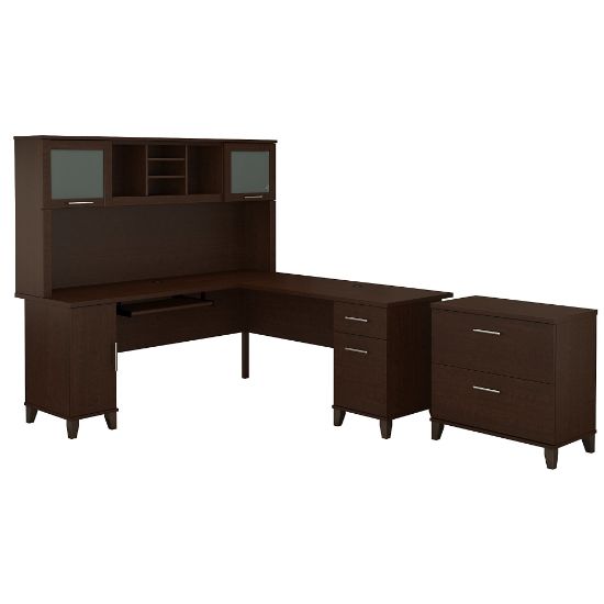 Picture of Bush Furniture Somerset L Shaped Desk With Hutch And Lateral File Cabinet, 72inW, Mocha Cherry, Standard Delivery