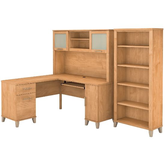 Picture of Bush Furniture Somerset L Shaped Desk With Hutch And 5 Shelf Bookcase, 60inW, Maple Cross, Standard Delivery